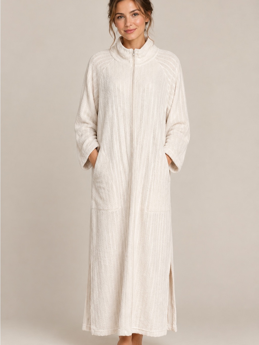 STAN HERMAN Half Zip Light Terrycloth Robe Getting Ready Housecoat Pockets Large